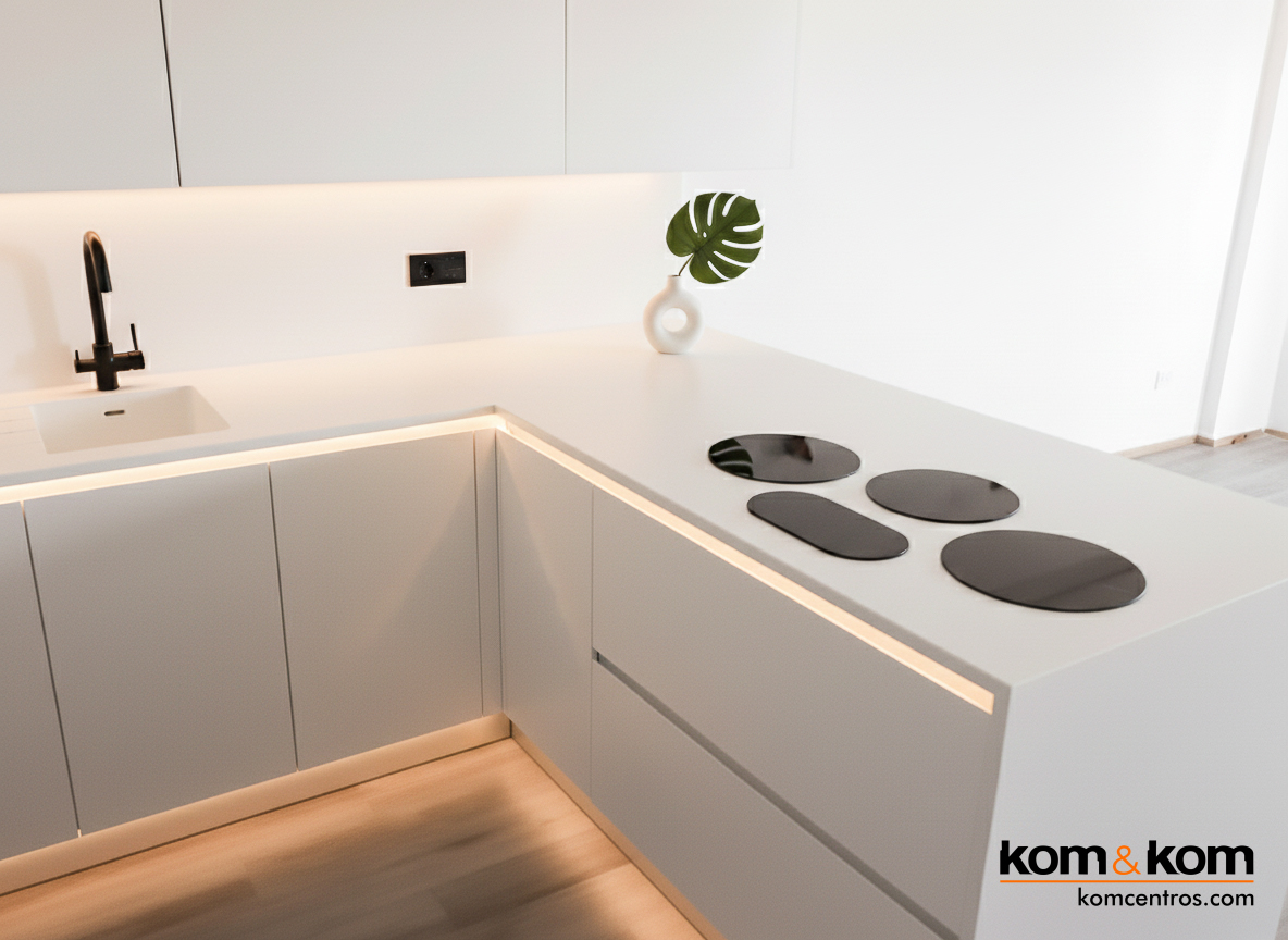 Cocina de personal total white moderna y minimalista, con módulos sin tiradores, horno y microondas en columna, e iluminación LED integrada.